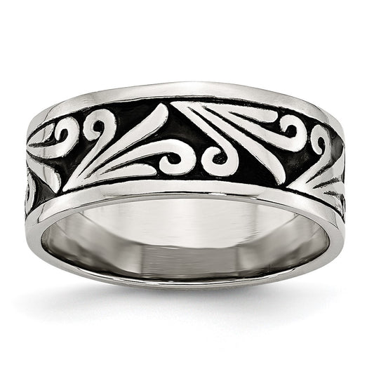Stainless Steel Antiqued And Polished Fancy Design 8mm Ridged Edge Band