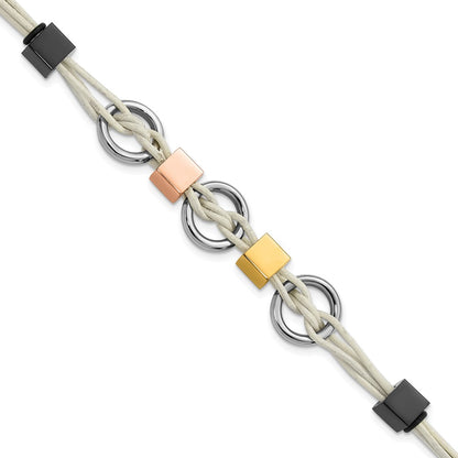 9 Inch Stainless Steel Multi Ip-Plated Beads & White Leather W/.75In Ext Bracelet