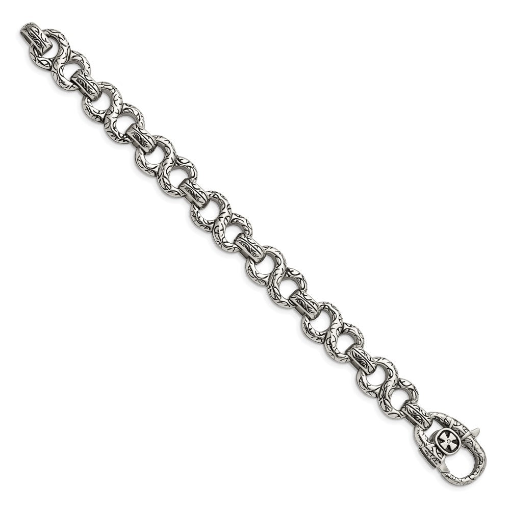 Stainless Steel Chisel Antiqued Polished And Textured 8.5 Inch Infinity Symbol Link Bracelet