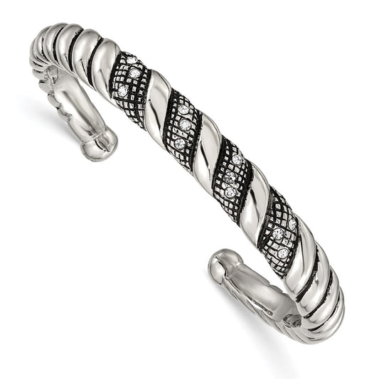Stainless Steel Polished And Antiqued W/Crystal Cuff Bangle