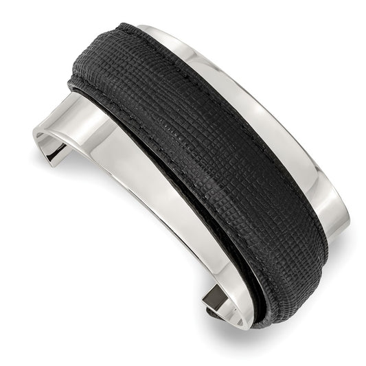 Stainless Steel Polished With Leather Cuff Bangle