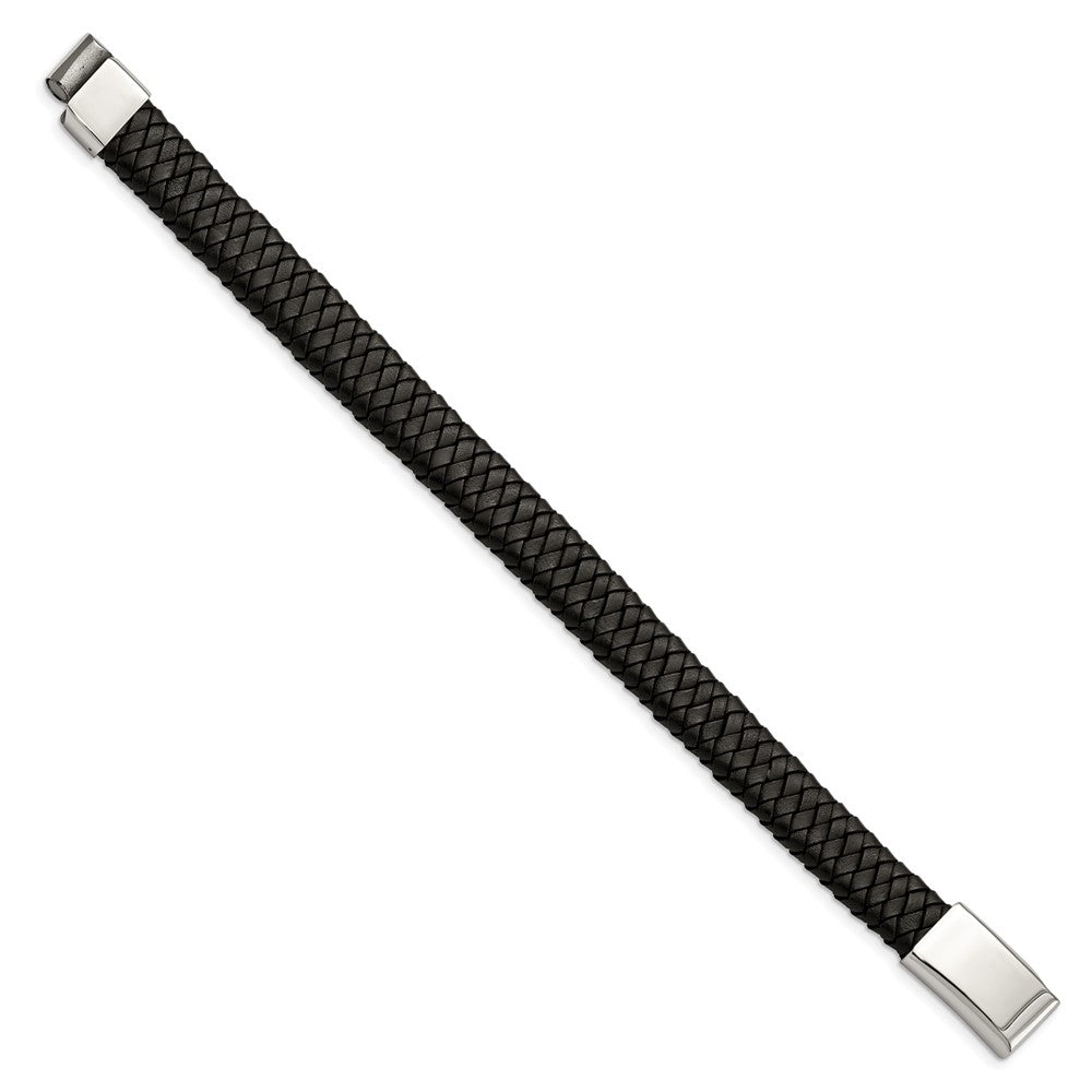 Stainless Steel Chisel Polished Black Woven Leather 8.5 Inch Bracelet