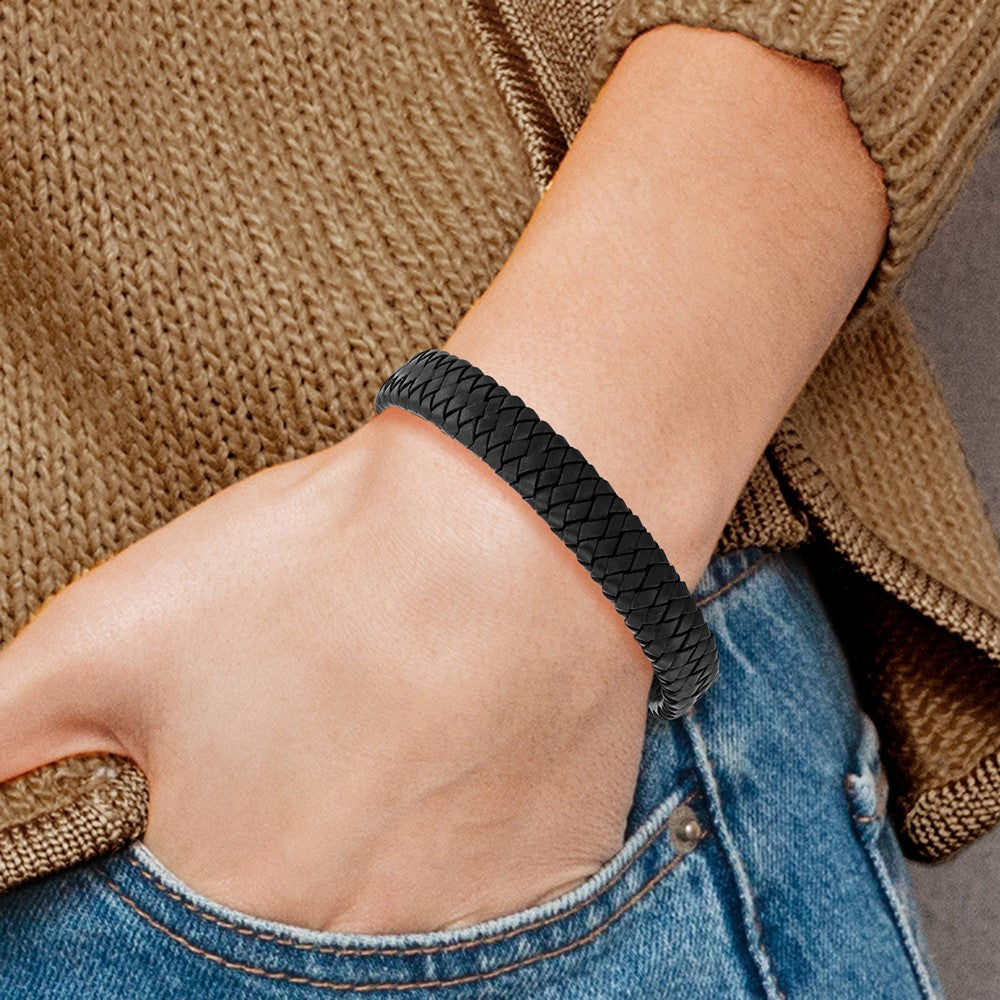 Stainless Steel Chisel Polished Black Woven Leather 8.5 Inch Bracelet