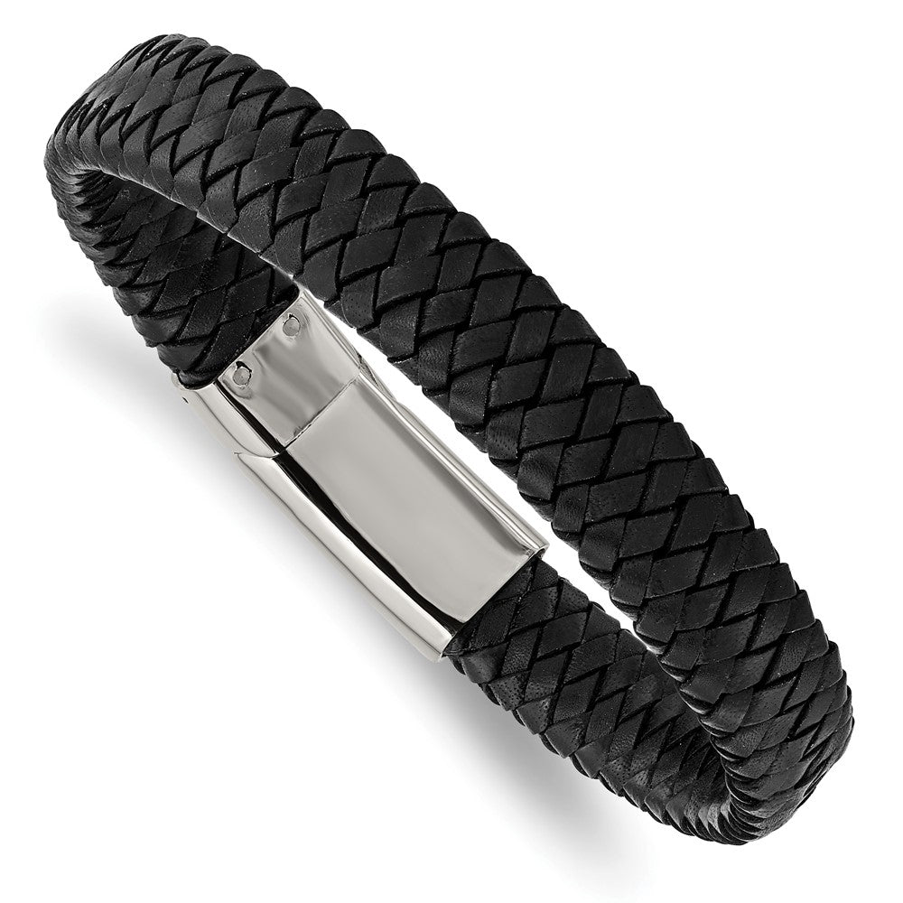 Stainless Steel Chisel Polished Black Woven Leather 8.5 Inch Bracelet