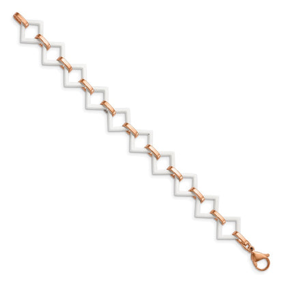 Stainless Steel Chisel Polished Rose Ip-Plated With White Ceramic Open Link Chain Bracelet