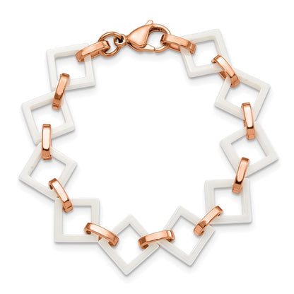 Stainless Steel Chisel Polished Rose Ip-Plated With White Ceramic Open Link Chain Bracelet