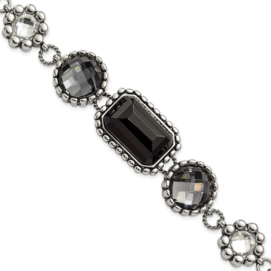 9 Inch Stainless Steel Polished/Antiqued Glass Beaded W/1In Ext. Bracelet