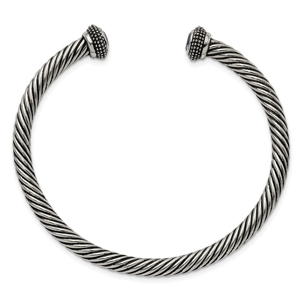 Stainless Steel Chisel Antiqued And Polished With Purple Cz Twisted Cuff Bangle