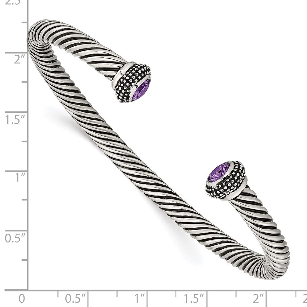 Stainless Steel Chisel Antiqued And Polished With Purple Cz Twisted Cuff Bangle