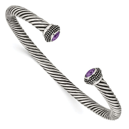 Stainless Steel Chisel Antiqued And Polished With Purple Cz Twisted Cuff Bangle
