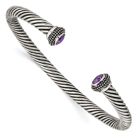 Stainless Steel Chisel Antiqued And Polished With Purple Cz Twisted Cuff Bangle