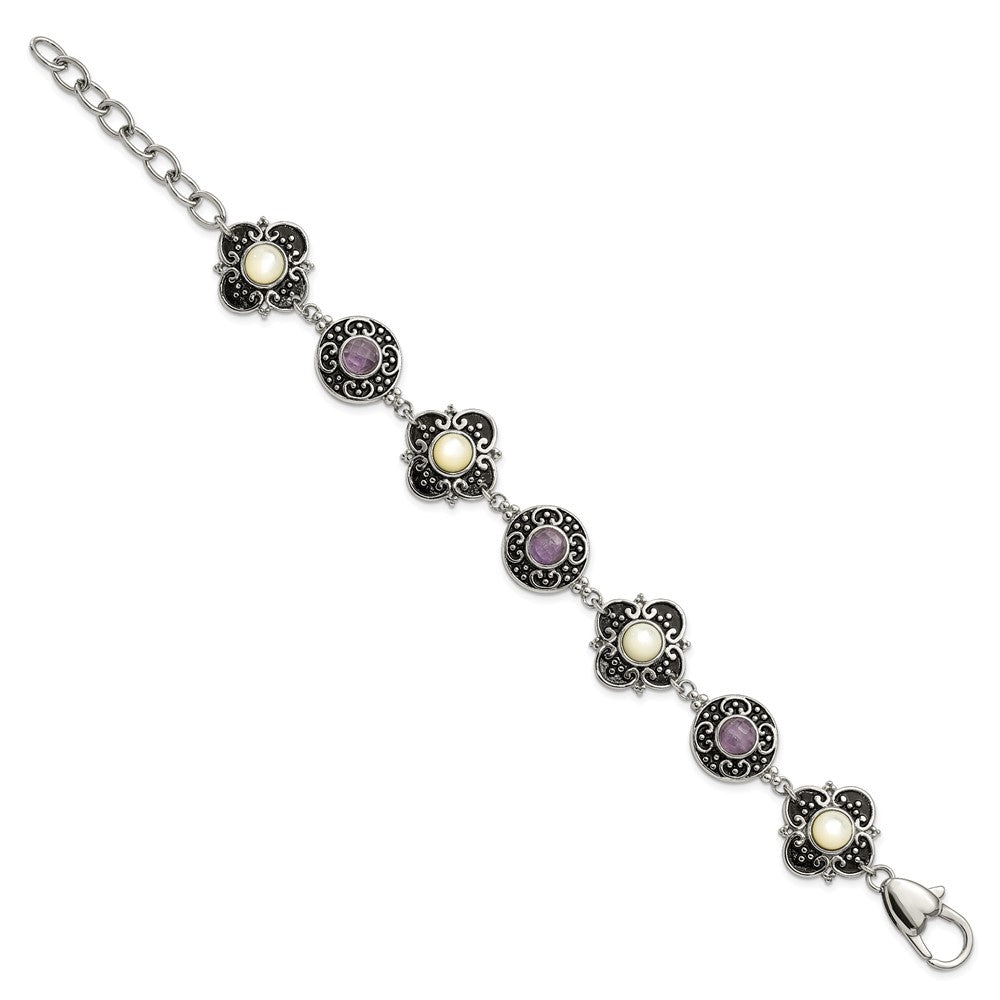 9 Inch Stainless Steel Polished & Antiqued Mother Of Pearl Purple Glass W/ 1.5In Ext Bracelet