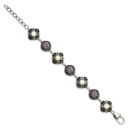 9 Inch Stainless Steel Polished & Antiqued Mother Of Pearl Purple Glass W/ 1.5In Ext Bracelet