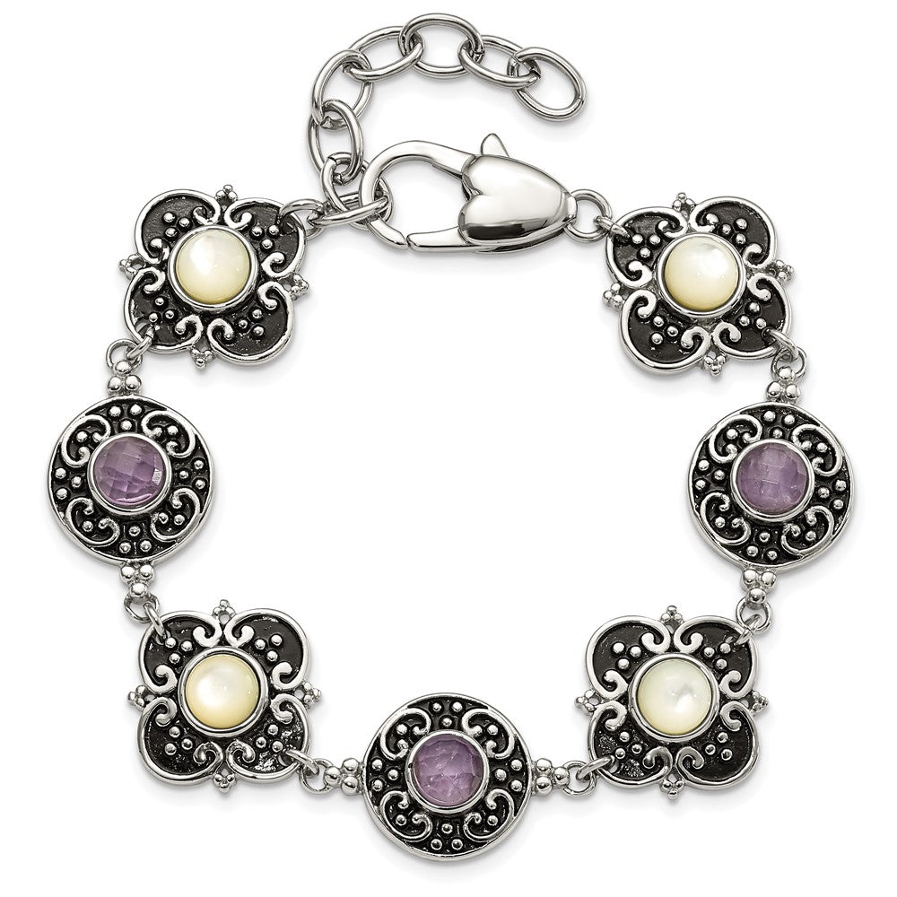 9 Inch Stainless Steel Polished & Antiqued Mother Of Pearl Purple Glass W/ 1.5In Ext Bracelet