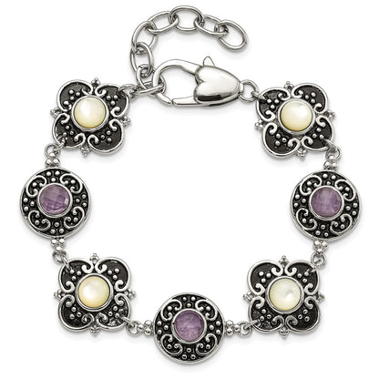9 Inch Stainless Steel Polished & Antiqued Mother Of Pearl Purple Glass W/ 1.5In Ext Bracelet