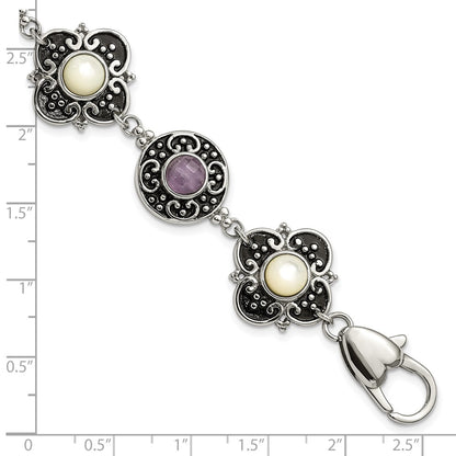 9 Inch Stainless Steel Polished & Antiqued Mother Of Pearl Purple Glass W/ 1.5In Ext Bracelet