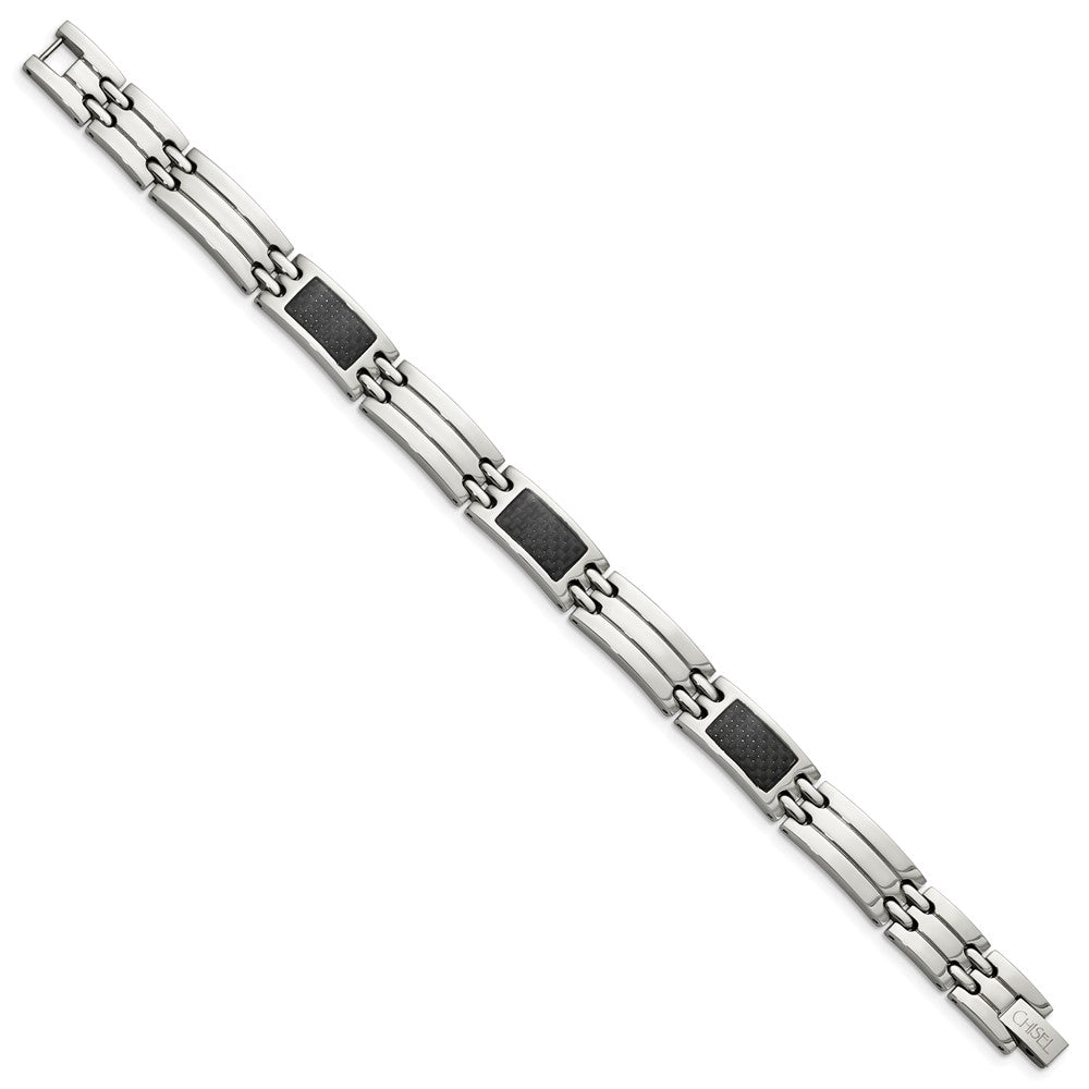 Stainless Steel Chisel Brushed And Polished With Black Carbon Fiber Inlay 8.5 Inch Link Bracelet