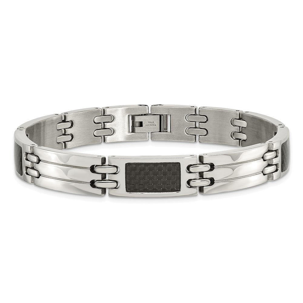 Stainless Steel Chisel Brushed And Polished With Black Carbon Fiber Inlay 8.5 Inch Link Bracelet
