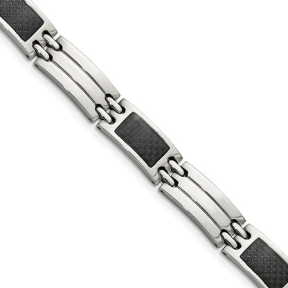 Stainless Steel Chisel Brushed And Polished With Black Carbon Fiber Inlay 8.5 Inch Link Bracelet