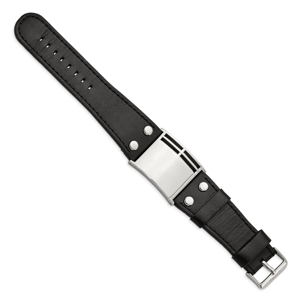 9.25 Inch Stainless Steel Polished Black Leather Adjustable Buckle 9.25In Bracelet