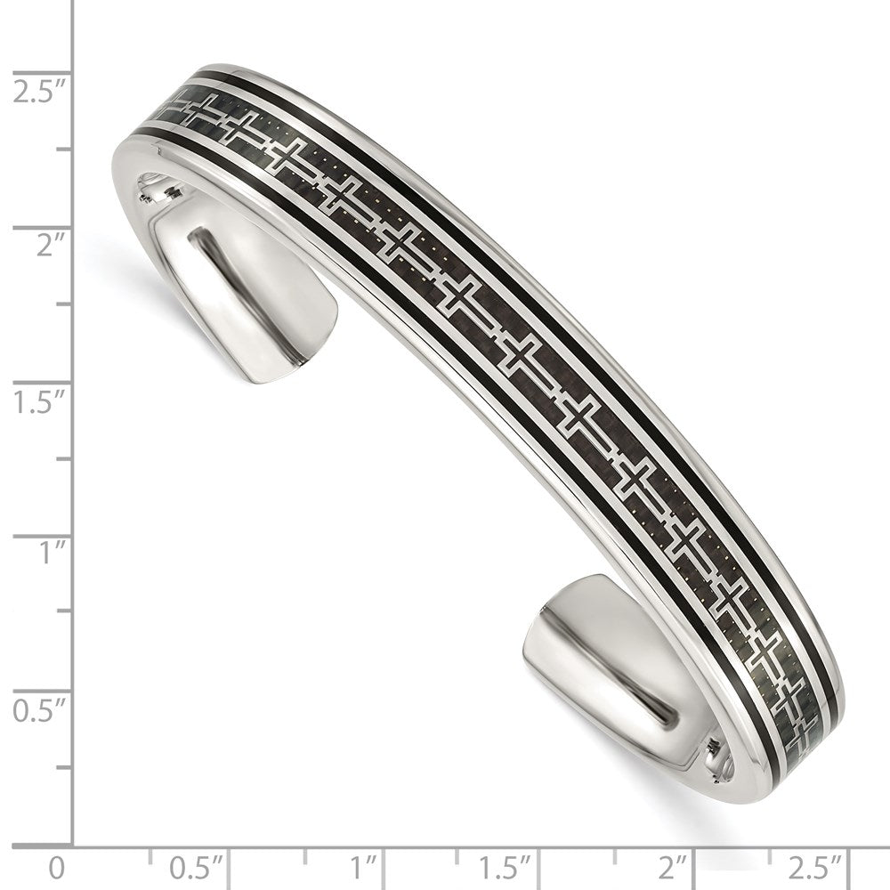 Stainless Steel Chisel Polished Black Ip-Plated With Carbon Fiber Inlay Cross Design Cuff Bangle