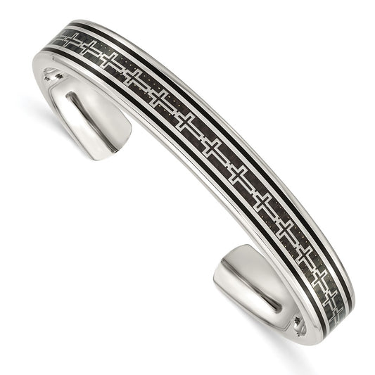 Stainless Steel Chisel Polished Black Ip-Plated With Carbon Fiber Inlay Cross Design Cuff Bangle