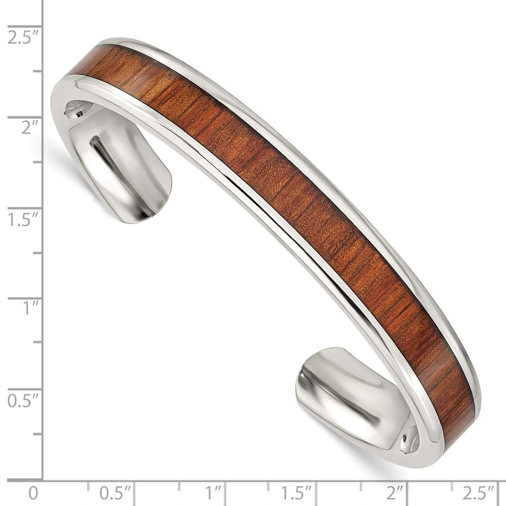 Stainless Steel Chisel Polished With Red/Orange Koa Wood Inlay Cuff Bangle