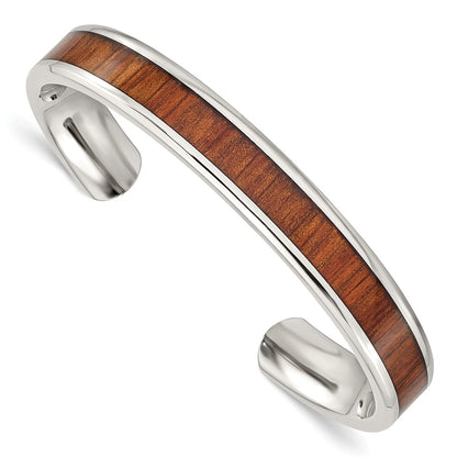 Stainless Steel Chisel Polished With Red/Orange Koa Wood Inlay Cuff Bangle