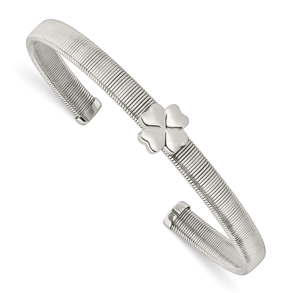Stainless Steel Chisel Polished Four Leaf Clover Flexible Cuff Bangle