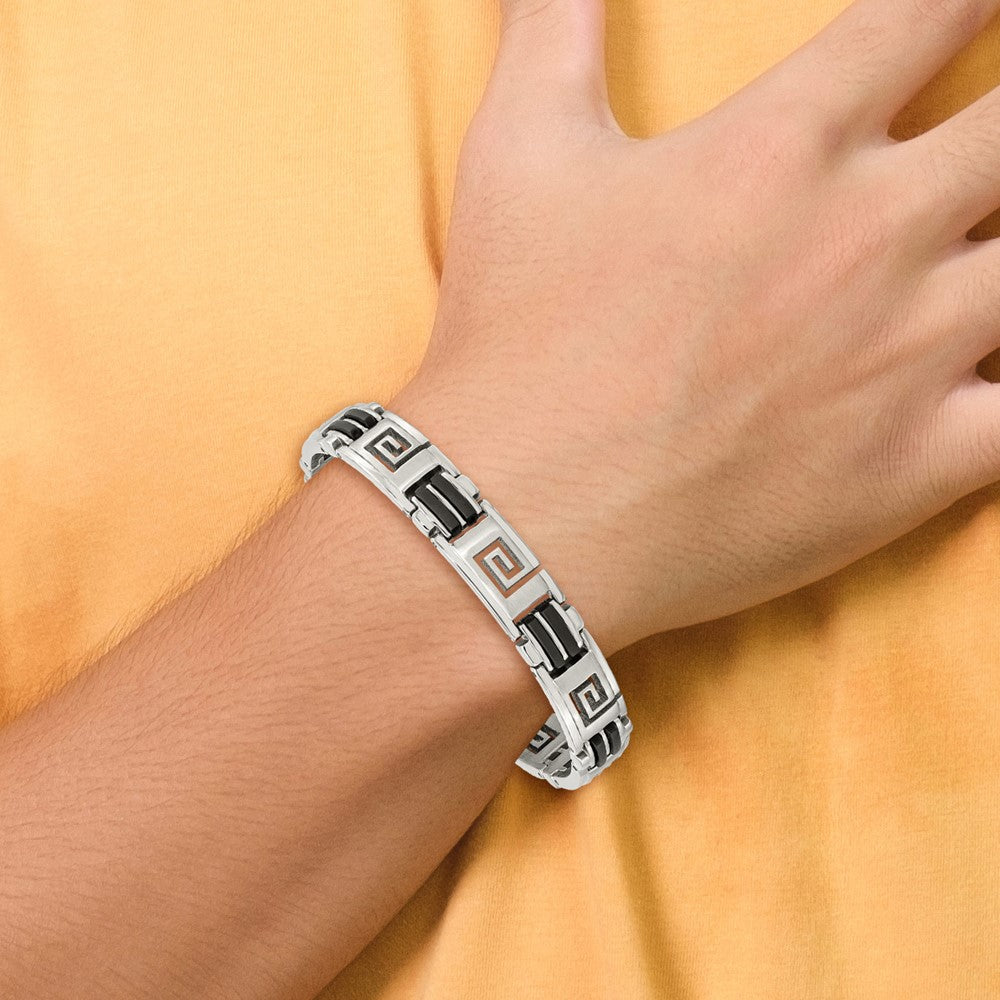 Stainless Steel Chisel Brushed And Polished Black Rubber Inlay Greek Key 8.5 Inch Bracelet