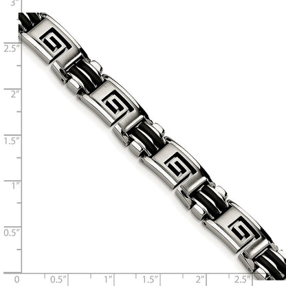 Stainless Steel Chisel Brushed And Polished Black Rubber Inlay Greek Key 8.5 Inch Bracelet