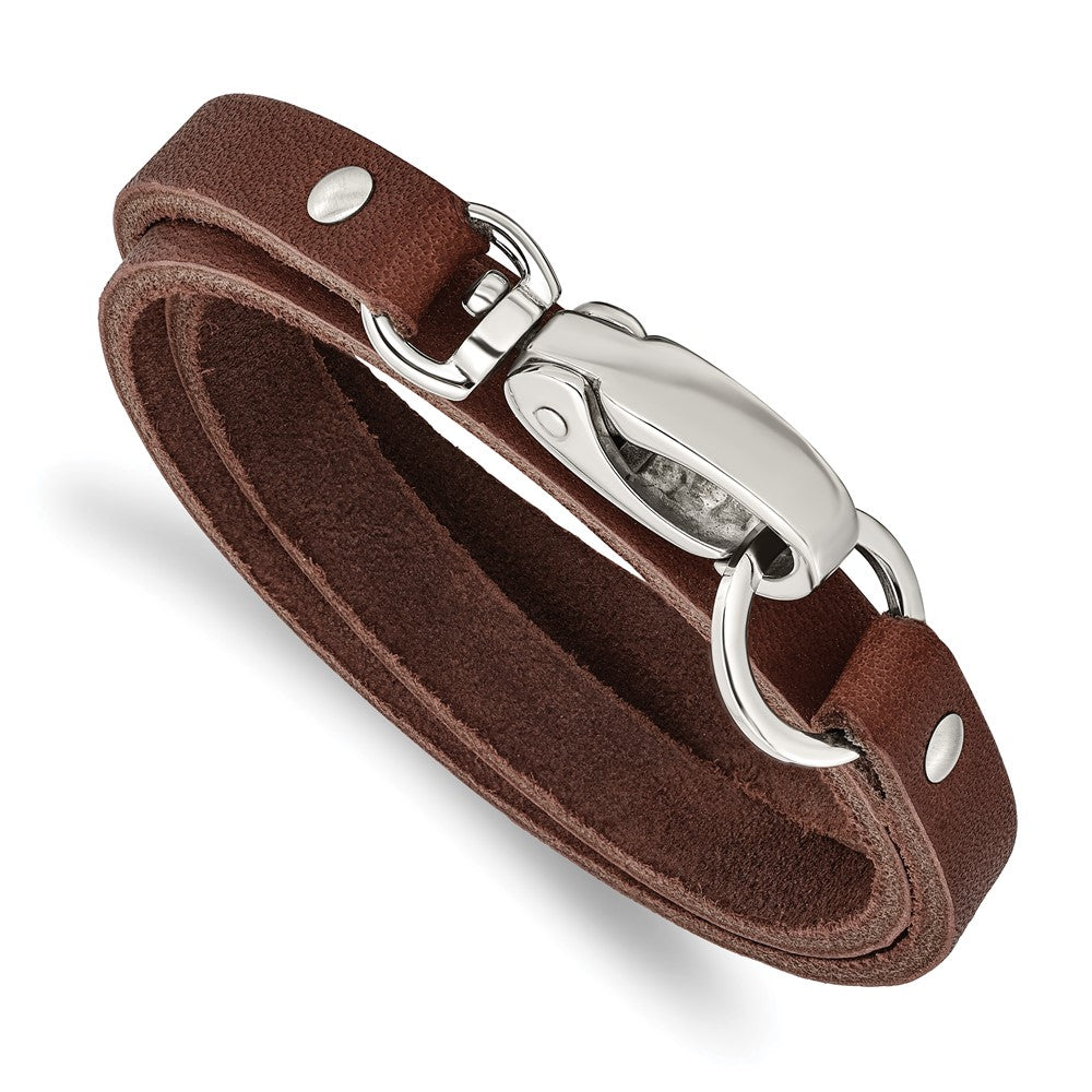 Stainless Steel Chisel Polished Dark Brown Leather 25 Inch Wrap Bracelet