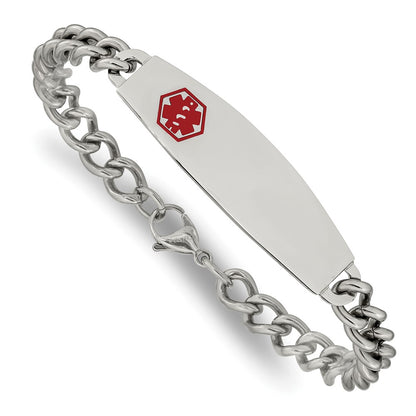 Stainless Steel Chisel Polished With Red Enamel Medical Id 8.5 Inch Curb Chain Bracelet