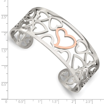 Stainless Steel Chisel Polished Rose Ip-Plated Hearts Cuff Bangle