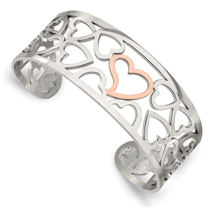 Stainless Steel Chisel Polished Rose Ip-Plated Hearts Cuff Bangle