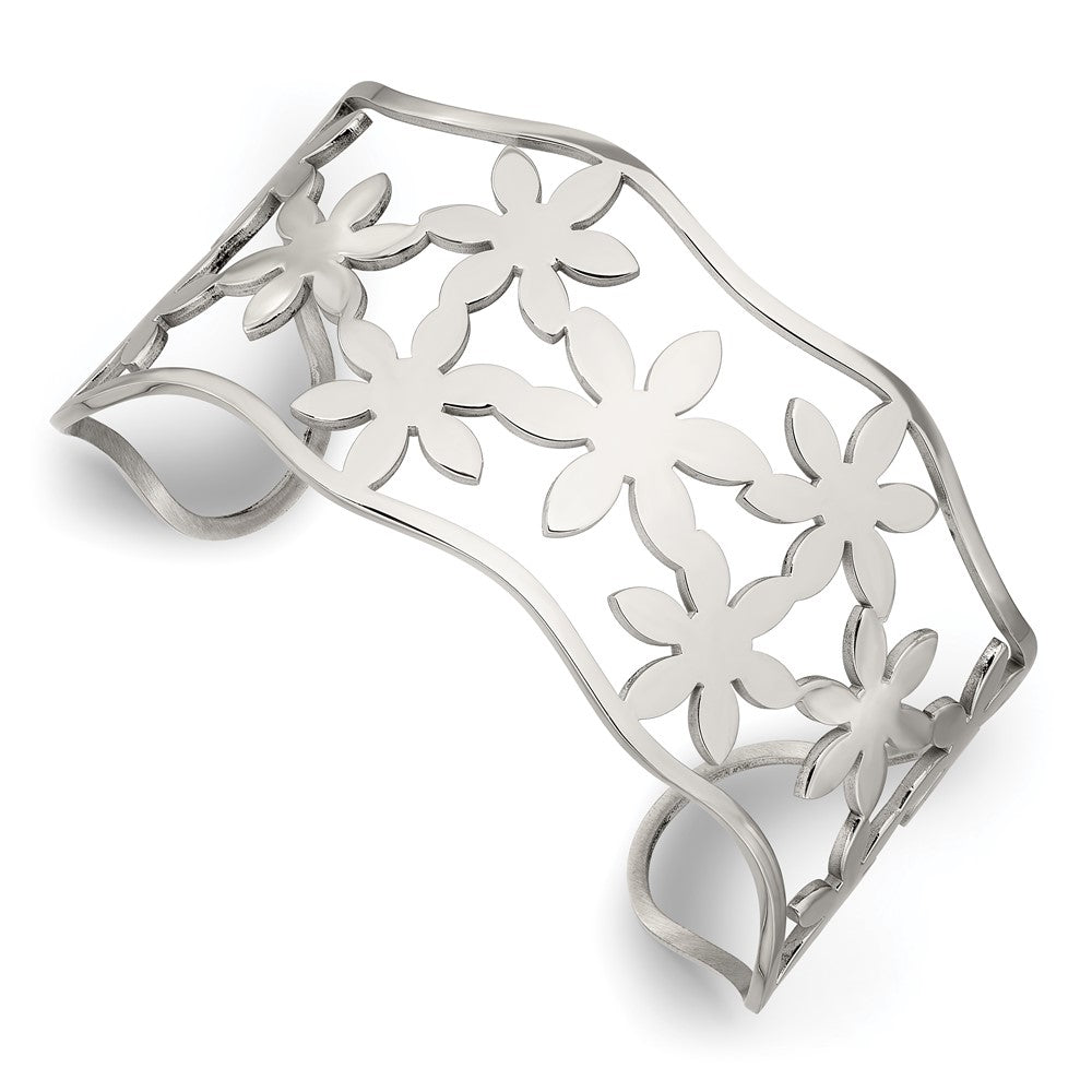 Stainless Steel Chisel Polished Flowers Cuff Bangle