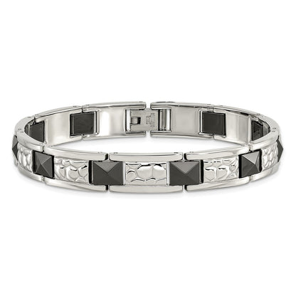Stainless Steel Chisel Polished And Textured Black Ip-Plated 8.5 Inch Link Bracelet