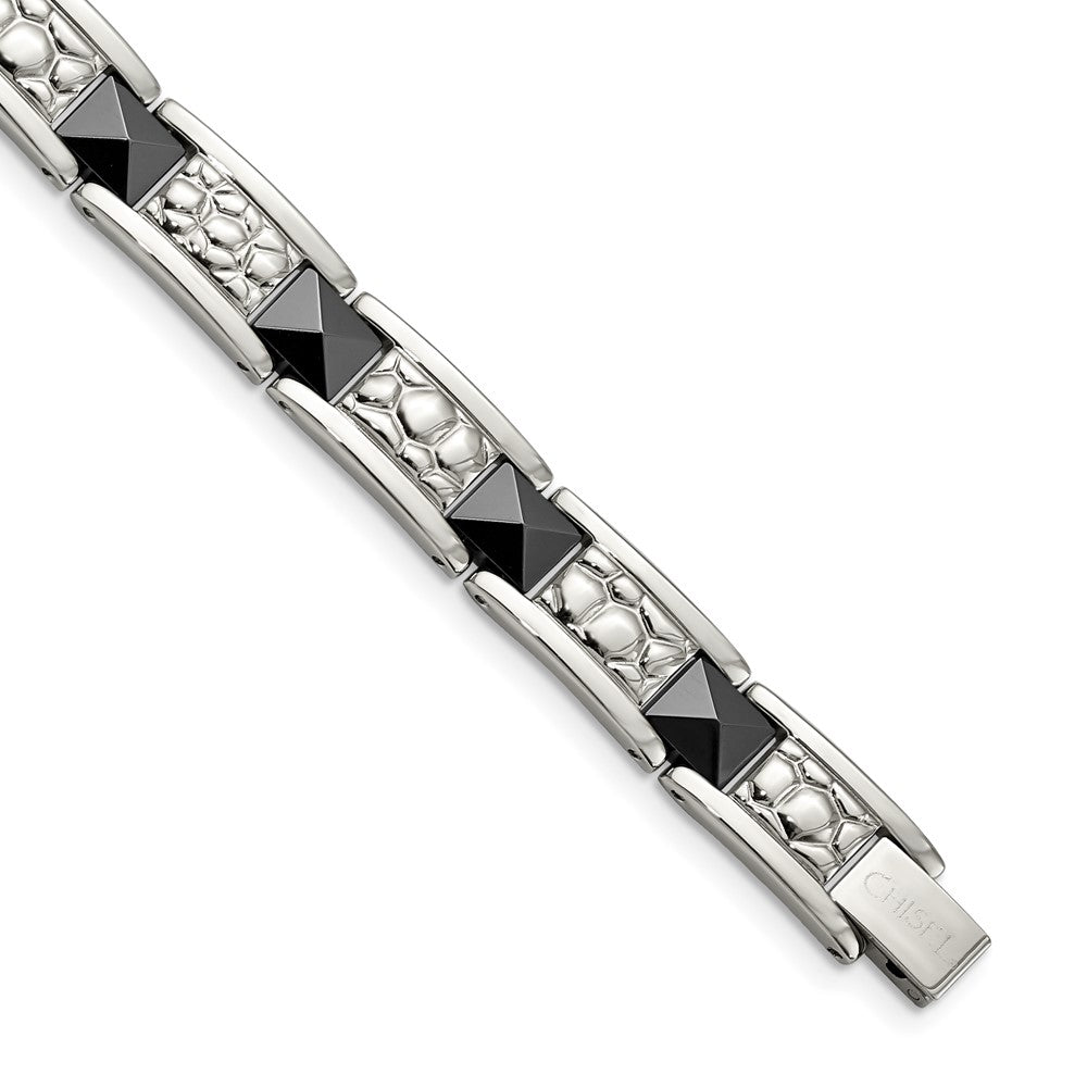 Stainless Steel Chisel Polished And Textured Black Ip-Plated 8.5 Inch Link Bracelet