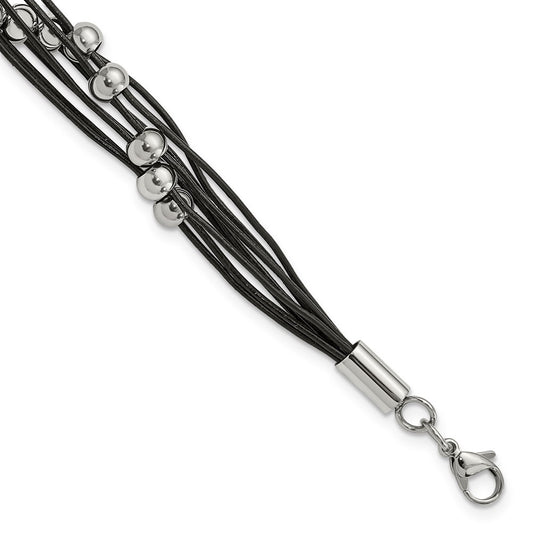 Stainless Steel Chisel Polished Beaded Multi-Strand Black Leather 8 Inch Bracelet