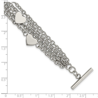 8 Inch Stainless Steel Polished Multistrand Hearts Chain Toggle Bracelet