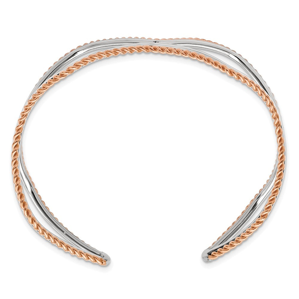 Stainless Steel Polished And Textured Rose Ip-Plated Cuff Bangle