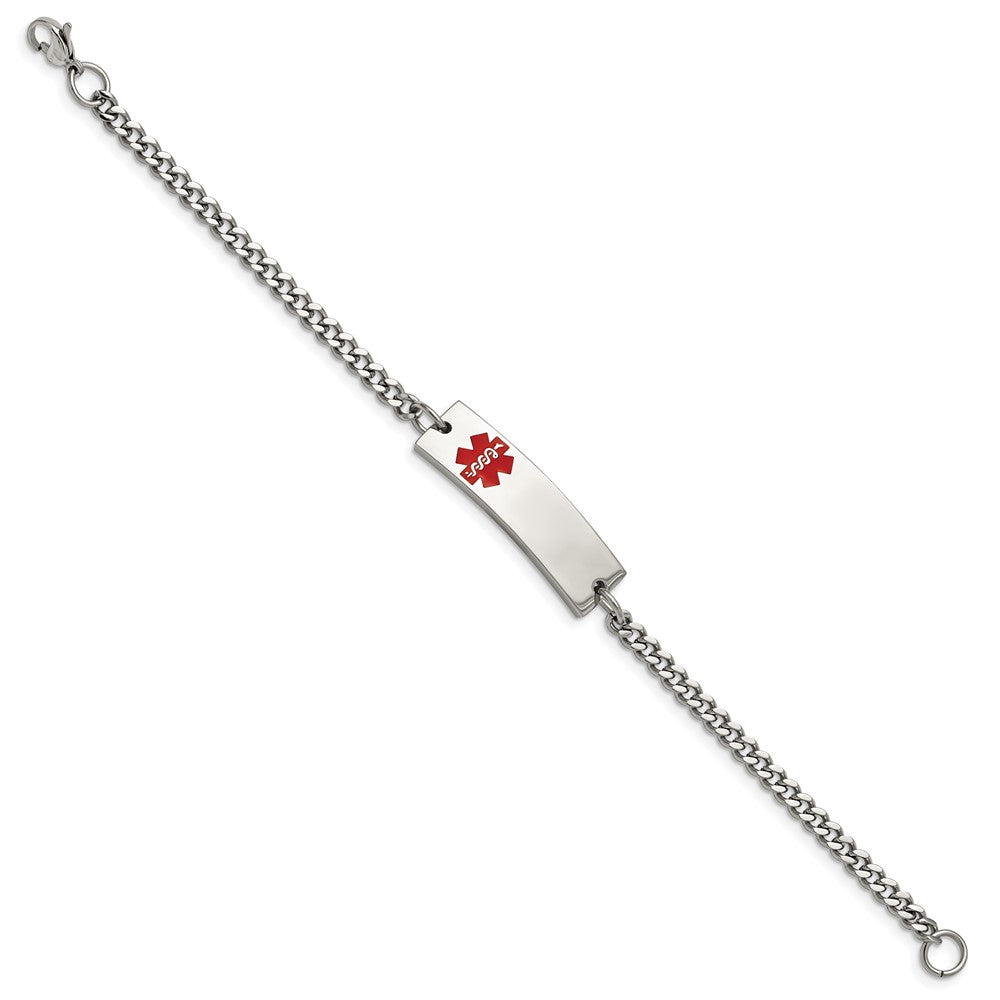 Stainless Steel Chisel Polished With Red Enamel Medical Id 8.75 Inch Curb Chain Bracelet