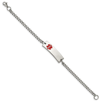 Stainless Steel Chisel Polished With Red Enamel Medical Id 8.75 Inch Curb Chain Bracelet