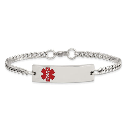 Stainless Steel Chisel Polished With Red Enamel Medical Id 8.75 Inch Curb Chain Bracelet