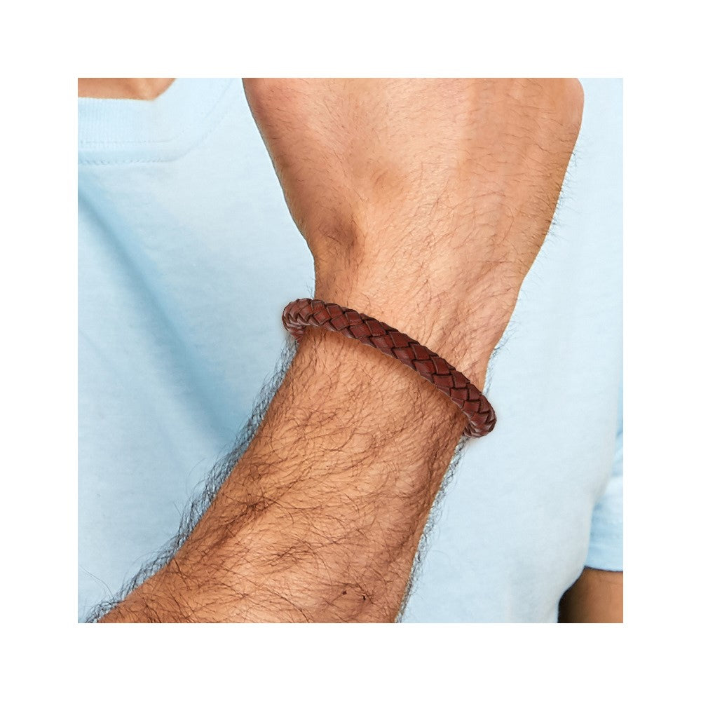 Stainless Steel Chisel Polished Brown Braided Leather 8.5 Inch Bracelet