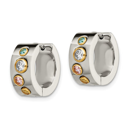 Stainless Steel Chisel Polished Yellow Ip-Plated With Multicolor Cz 7mm Hinged Hoop Earrings