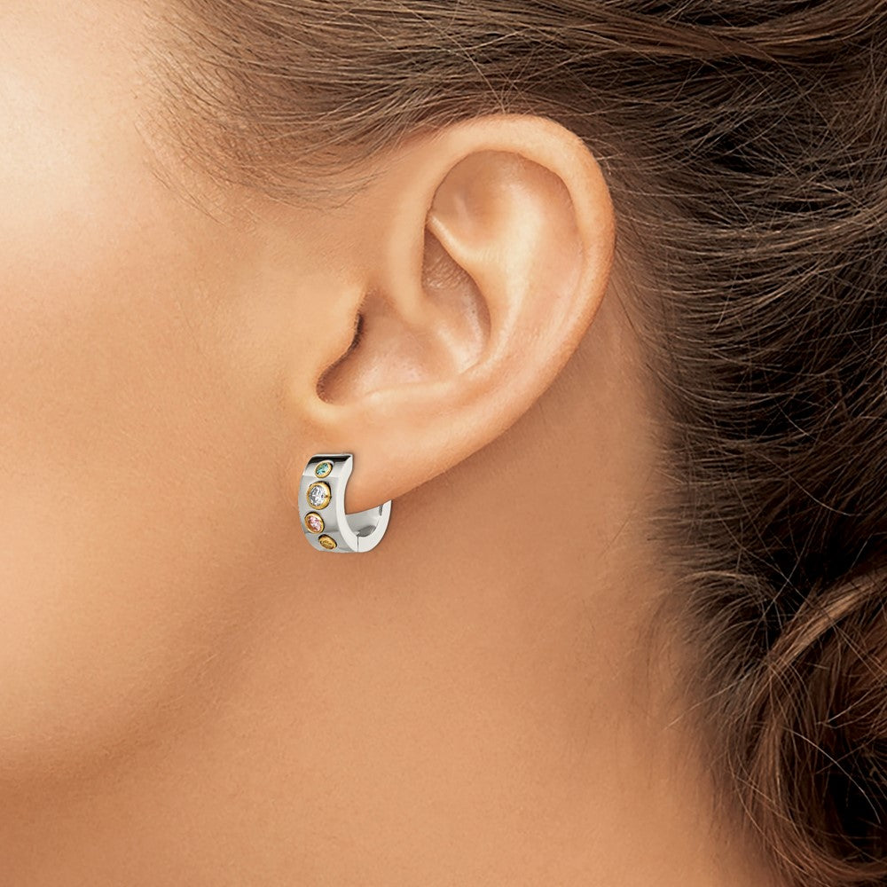 Stainless Steel Chisel Polished Yellow Ip-Plated With Multicolor Cz 7mm Hinged Hoop Earrings