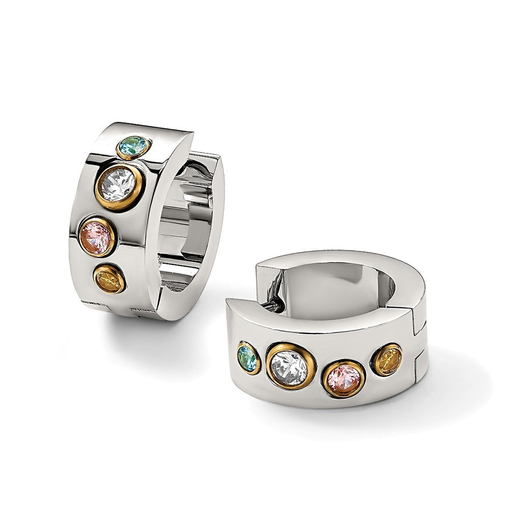 Stainless Steel Chisel Polished Yellow Ip-Plated With Multicolor Cz 7mm Hinged Hoop Earrings