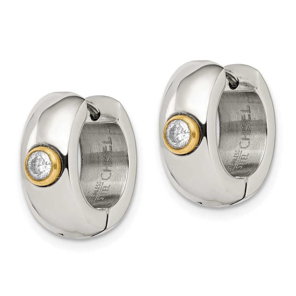 Stainless Steel Chisel Polished Yellow Ip-Plated With Cz 7mm Hinged Hoop Earrings