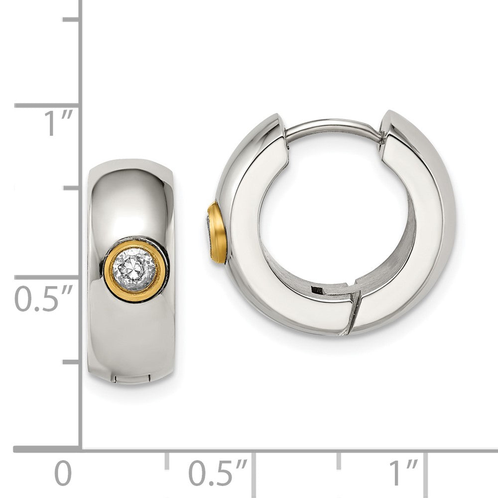 Stainless Steel Chisel Polished Yellow Ip-Plated With Cz 7mm Hinged Hoop Earrings